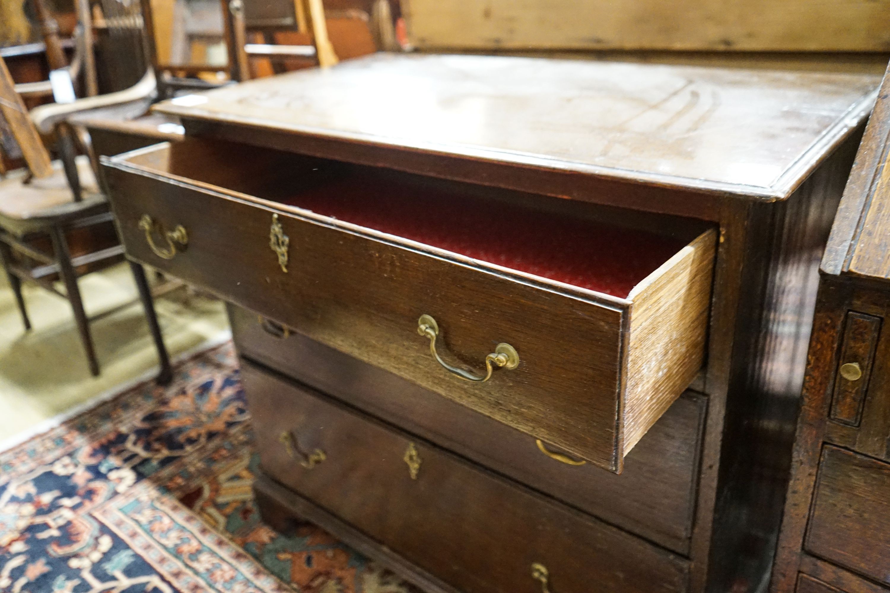 A George III style oak three drawer chest, width 86cm, depth 46cm, height 78cm